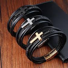 Pulsera Cruz Negro Cuero Trenzado, Acero Inoxidable