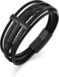 Pulsera Cruz Negro Cuero Trenzado, Acero Inoxidable