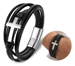 Pulsera Cruz Negro Cuero Trenzado, Acero Inoxidable