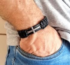 Pulsera Cruz Negro Cuero Trenzado, Acero Inoxidable