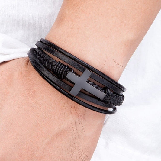 Pulsera Cruz Negro Cuero Trenzado, Acero Inoxidable